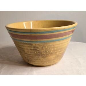 Vtg Watt USA Oven Ware Bowl 2 Qt. Yellow Pink Blue Crazed Stained Surface Cracks